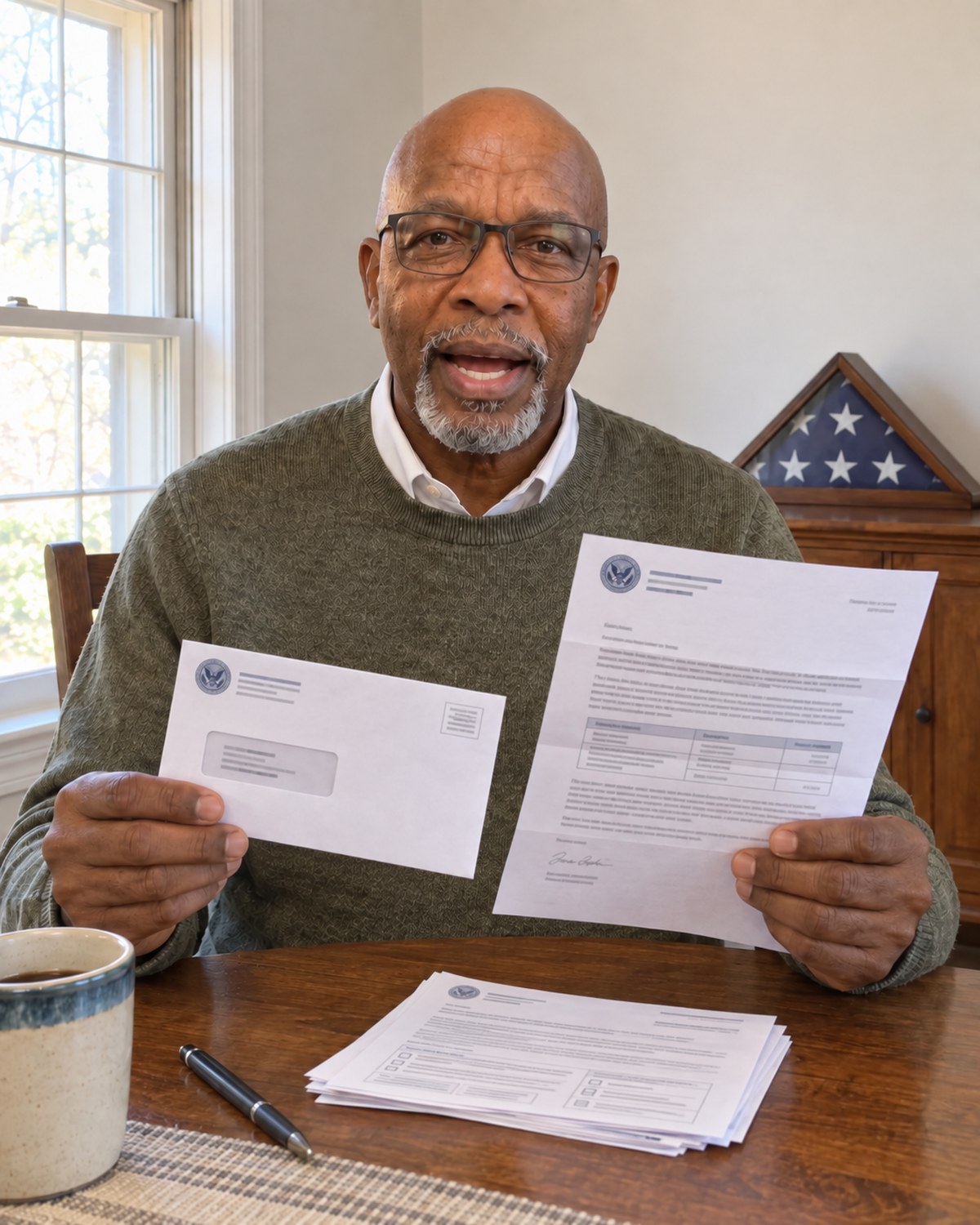 Raymond Grant at his table with a letter and its envelope